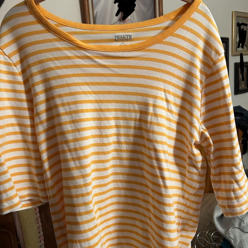 L Orange and White Striped Duluth Trading Shirt